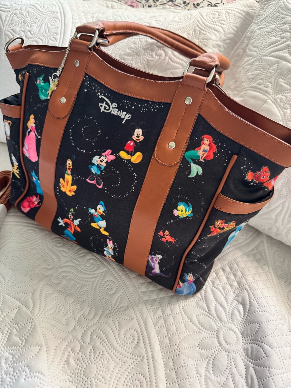 Disney Black Tote Bag with Brown Trim and Colorful Character Printsi